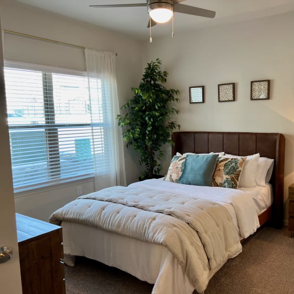 Thumbnail 11 of 16 Bedroom with brown leather headboard and decorative pillows at High Point Preserve Apartments, Austin, TX