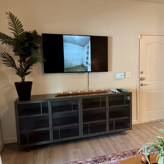 Thumbnail 6 of 13 Living area with tv and dark media console 2 at High Point Preserve Apartments, Austin