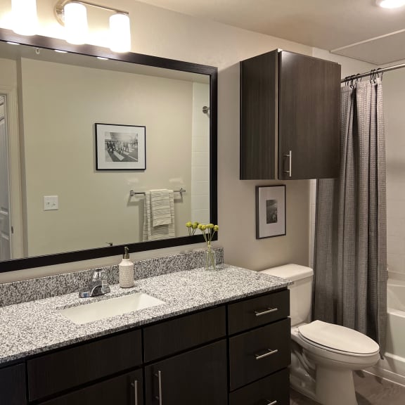 Thumbnail 7 of 13 Bathroom with framed mirror and storage cabinet 2 at High Point Preserve Apartments, Texas