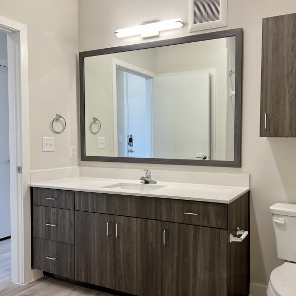 Thumbnail 15 of 19 Modern bathroom with sink vanity at Bridge at Windsor Park Apartments, Texas