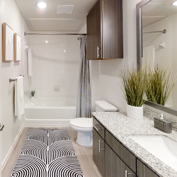 Thumbnail 6 of 8 a bathroom with white walls and a black and white rug