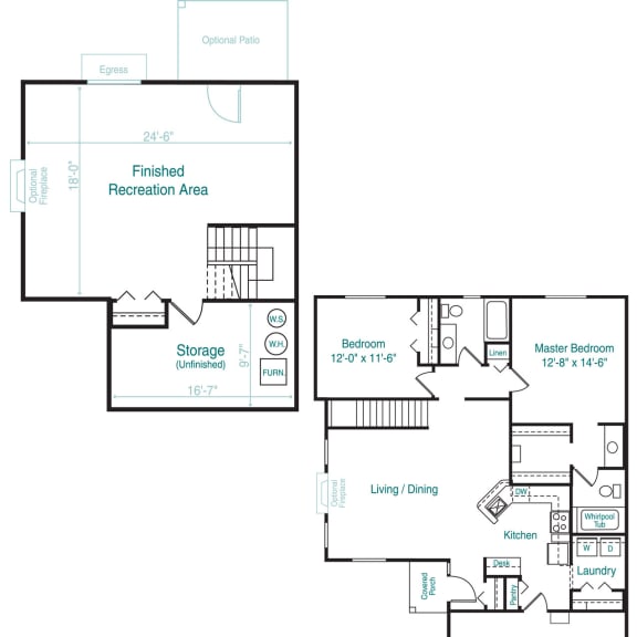 Thumbnail 2 of 11 Two bedroom ranch floor plan at Autumn Lakes Apartments and Townhomes in Mishawaka, IN