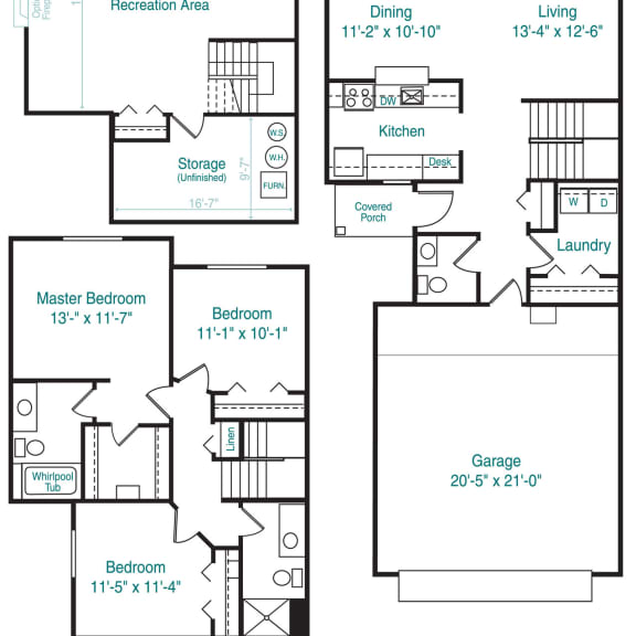 Thumbnail 2 of 15 Three bedroom two story floor plan at Autumn Lakes Apartments and Townhomes in Mishawaka, IN