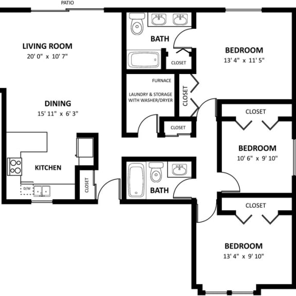 Thumbnail 2 of 6 Three bedroom birchwood deluxe 2D  floor plan at Tanglewood Apartments, Oak Creek, WI
