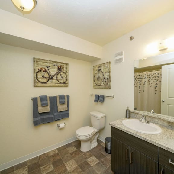 Thumbnail 7 of 9 a bathroom with a toilet and a sink and a mirror at Andover Pointe Apartment Homes in La Vista, NE