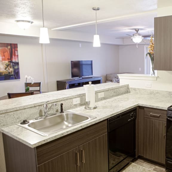 Thumbnail 5 of 9 a kitchen with a sink and a stove and a microwave at Andover Pointe Apartment Homes, La Vista