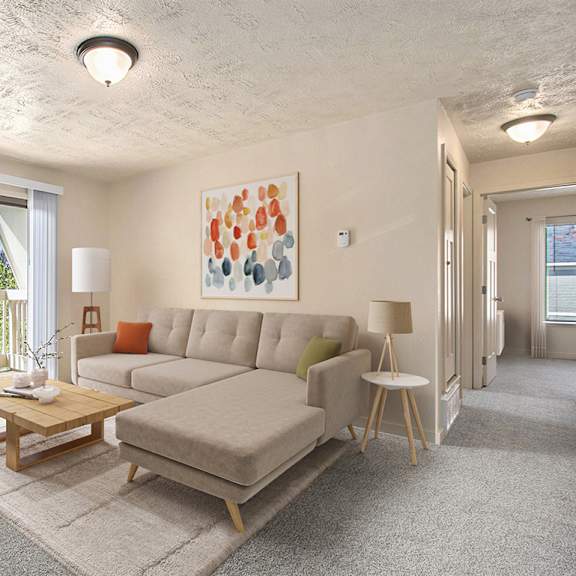 Thumbnail 3 of 9 a living room with a couch and a slider to a balcony at Apple Ridge Apartments, Walker