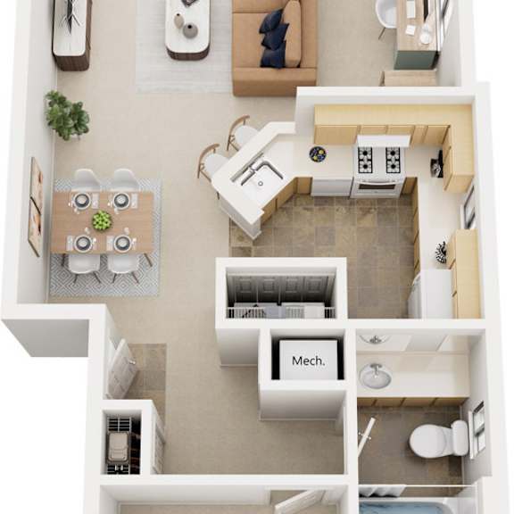 Thumbnail 1 of 8 One Bedroom End 3D Floor Plan at Arbor Lakes Apartments, Indiana, 46516