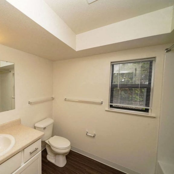 Thumbnail 6 of 8 a bathroom with a sink toilet and a mirror  at Arbor Lakes Apartments, Indiana