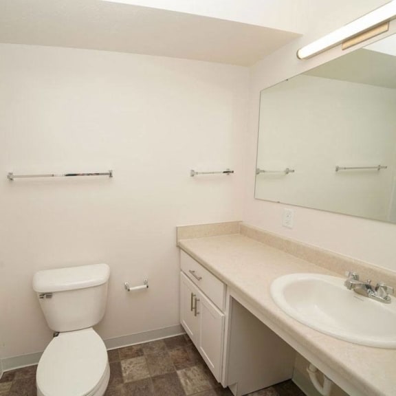 Thumbnail 8 of 13 a bathroom with a sink toilet and a mirror  at Arbor Lakes Apartments, Elkhart, IN