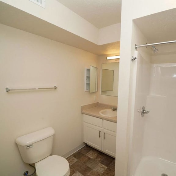 Thumbnail 13 of 13 a bathroom with a toilet and a sink and a shower  at Arbor Lakes Apartments, Indiana, 46516