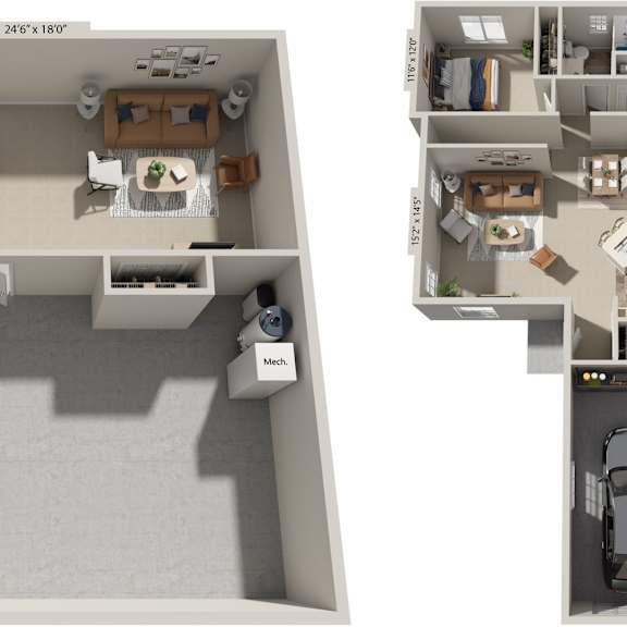 Thumbnail 1 of 12 Two bedroom ranch 3D floor plan at Autumn Lakes Apartments and Townhomes, Mishawaka, 46544