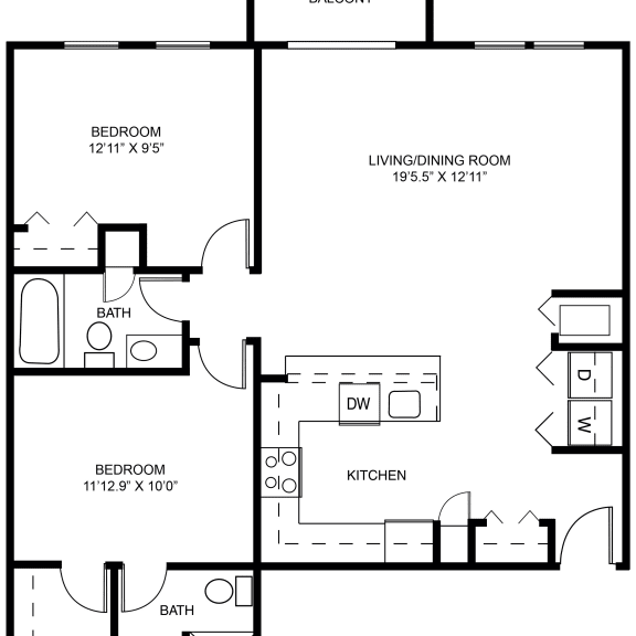 Thumbnail 2 of 11 Beech two bedroom 2D floor plan at Meadowbrooke Apartment Homes in Grand Rapids, MI 49512