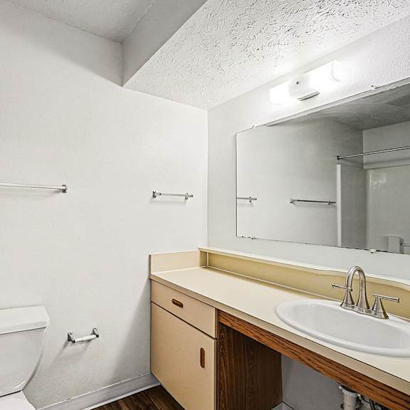 Thumbnail 15 of 19 A toilet with a sink with a wooden counter at Brentwood Park Apartments in LaVista, NE