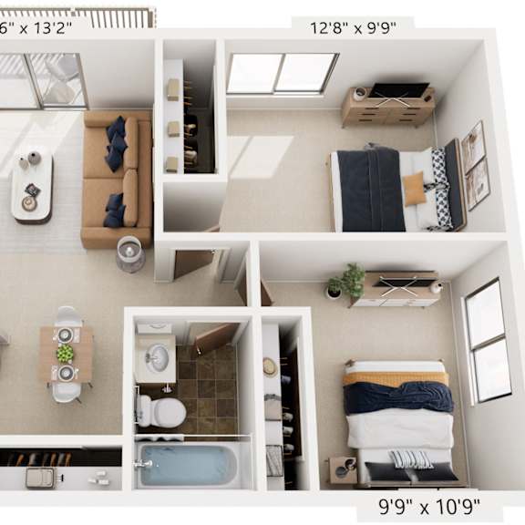 Thumbnail 1 of 12 Two Bedroom 3D Floor Plan at Briarwood Apartments, Benton Harbor, MI