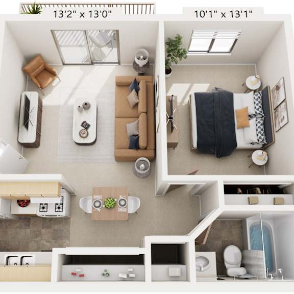 Thumbnail 1 of 7 One Bedroom 3D Floor Plan at Brookside Apartments, Michigan, 49037