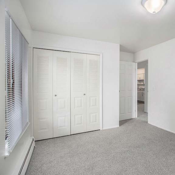 Thumbnail 12 of 13 A white bedroom with grey carpet and a large closet at Brookside Apartments, Springfield