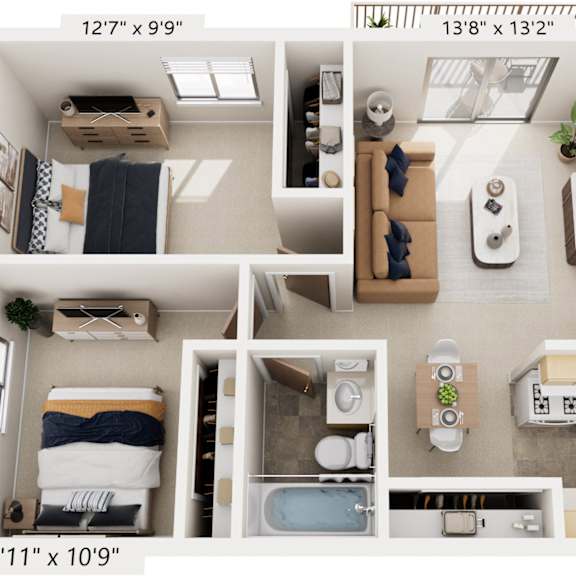 Thumbnail 1 of 8 Two Bedroom 3D Floor Plan at Brookside Apartments, Springfield, MI, 49037