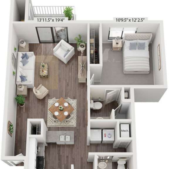 Thumbnail 1 of 17 Two Bedroom 3D floor plan with two bathrooms at Byron Lakes Apartments, Michigan