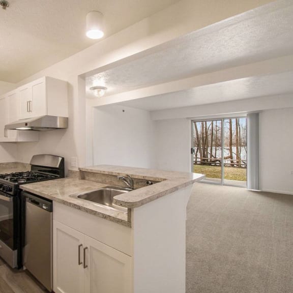 Thumbnail 6 of 16 renovated kitchen with stainless steel appliances at Canal 2 Apartments in Lansing, MI