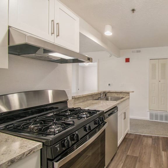 Thumbnail 7 of 16 a kitchen with stainless steel appliances and white cabinets at Canal 2 Apartments in Lansing, MI