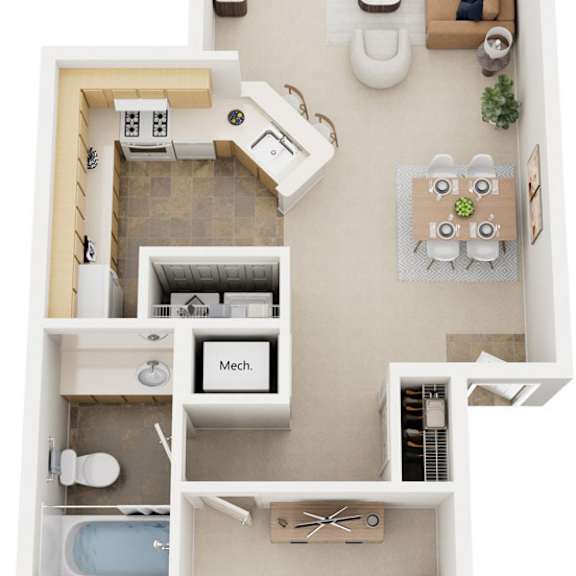 Thumbnail 1 of 12 One bedroom one bathroom 3D floor plan at Canal Club Apartments in Lansing, MI