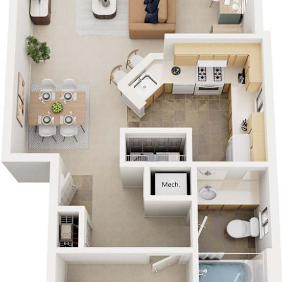 Thumbnail 1 of 7 One Bedroom One Bath End 3D Floor Plan at Canal Club Apartments, Lansing
