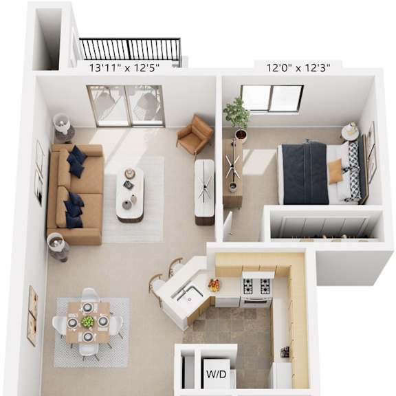 Thumbnail 1 of 8 Two Bedroom One Bath 3D Floor Plan at Canal Club Apartments, Lansing, 48917