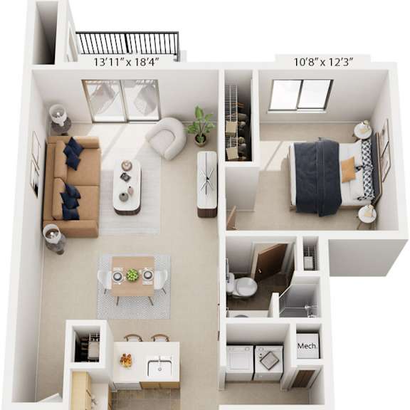 Thumbnail 1 of 8 Two Bedroom Two Bath 3D Floor Plan at Canal Club Apartments, Lansing, Michigan