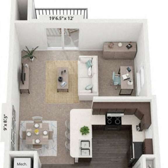 Thumbnail 1 of 10 A 3D one bedroom end floor plan at Chase Creek Apartment Homes in Huntsville, AL