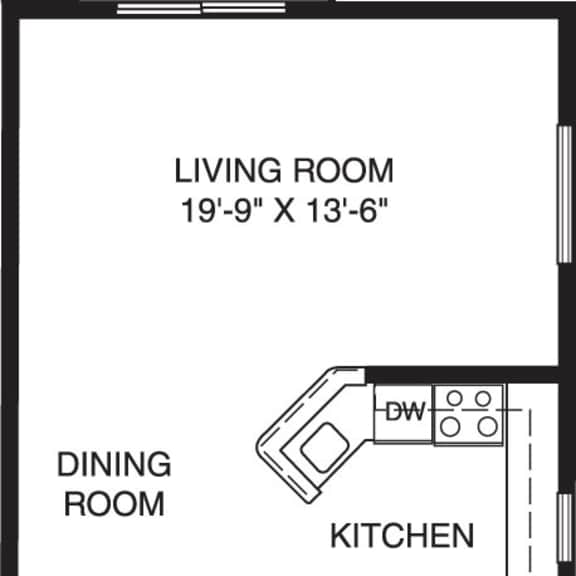 Thumbnail 2 of 7 One bedroom end 2D floor plan at Canal Club Apartments in Lansing, MI