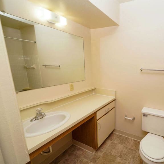 Thumbnail 7 of 8 A bathroom with a sink, large countertop and mirror at Canal Club Apartments, Michigan, 48917