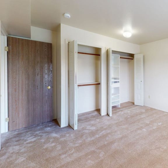 Thumbnail 8 of 8 A spacious bedroom with carpet, and a closet with shelves at Canal Club Apartments, Lansing, MI, 48917