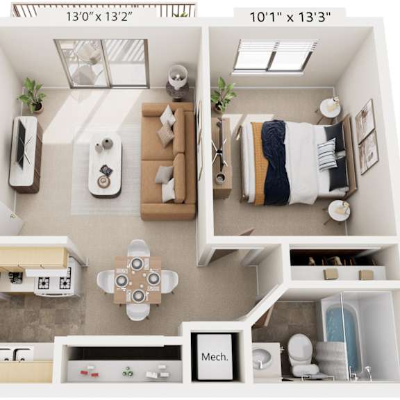 Thumbnail 1 of 10 One Bedroom One Bath 3D Floor Plan at Concord Place Apartments, Kalamazoo, 49009