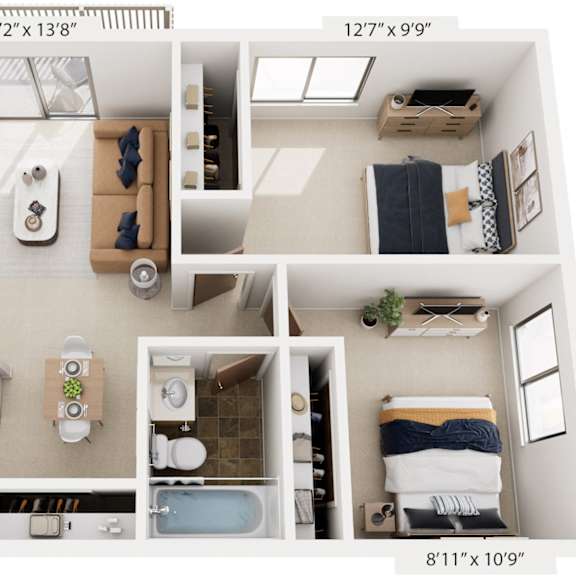 Thumbnail 1 of 14 Two Bedroom One Bath 3D Floor Plan at Concord Place Apartments, Kalamazoo, Michigan