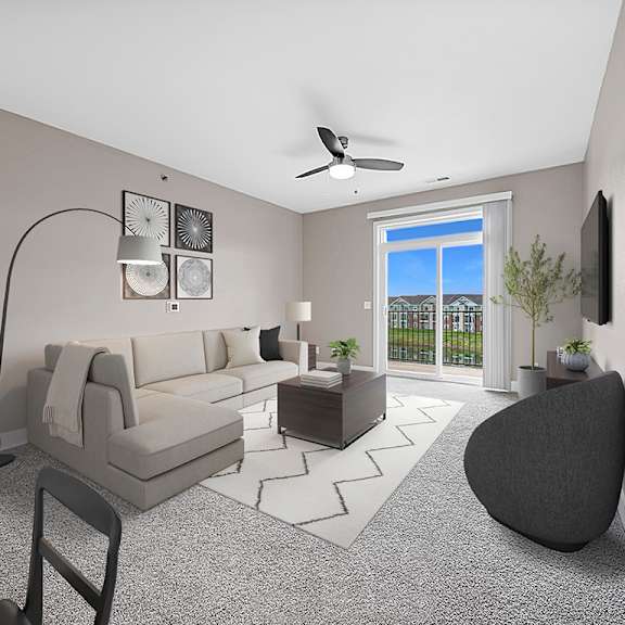 Thumbnail 3 of 14 A modern living room with a 9' ceiling, a ceiling fan, and a grey sofa at Copper Creek Apartment Homes, Maize, Kansas