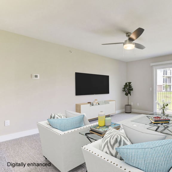 Thumbnail 4 of 13 a living room with white furniture and a ceiling fan at Dodson Pointe Apartment Homes, Rogers, AR, 72758