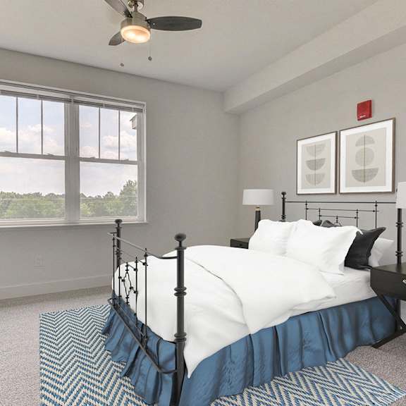 Thumbnail 11 of 14 A bedroom with a bed, nightstand, and a large window at Dodson Pointe Apartment Homes, Rogers, AR