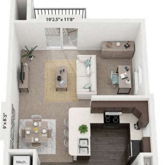 Thumbnail 1 of 12 One Bedroom End 3D Floor Plan at Dodson Pointe Apartment Homes in Rogers, Arkansas