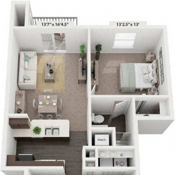 Thumbnail 1 of 13 A two bedroom two bathroom 3D floor plan at Dodson Pointe Apartment Homes in Rogers, Arkansas