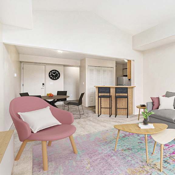 Thumbnail 3 of 6 A living room with a cathedral ceiling, a couch, a pink chair, and a wooden coffee table at Dupont Lakes Apartments, Fort Wayne