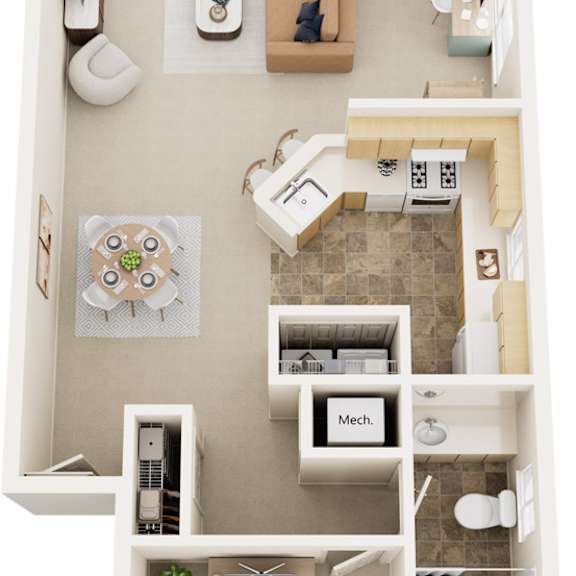 Thumbnail 1 of 8 One Bedroom One Bath End 3D Floorplan | 815-830 Sq. Ft. at Dupont Lakes Apartments, Indiana, 46825