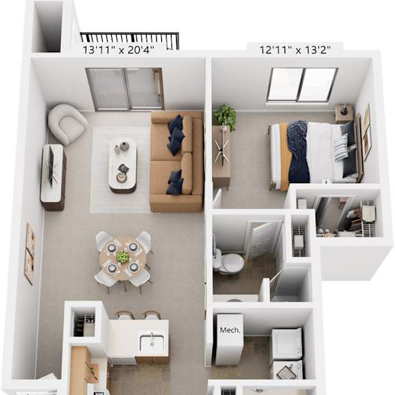 Thumbnail 1 of 13 Two Bedroom Two Bath 3D Floorplan | 958-991 Sq. Ft at Dupont Lakes Apartments, Fort Wayne, 46825