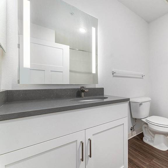 Thumbnail 12 of 14 A bathroom with a large vanity and mirror at Eagle Ridge Apartment Homes, Traverse City, Michigan