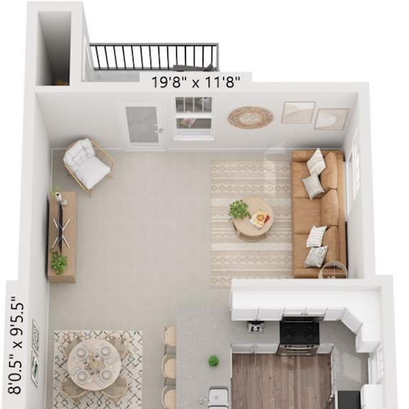 Thumbnail 1 of 15 One bedroom end 3D floor plan at Eagle Ridge Apartment Homes, Traverse City, MI