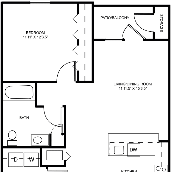 Thumbnail 2 of 10 Elm one bedroom 2D floor plan at Meadowbrooke Apartment Homes in Grand Rapids, MI 49512