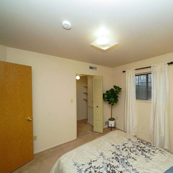 Thumbnail 10 of 10 A bedroom with a large closet with shelves at Emerald Park Apartments, Michigan