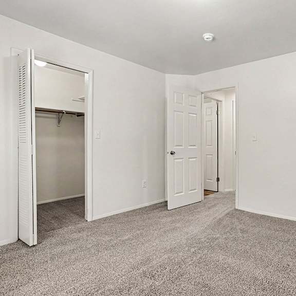 Thumbnail 16 of 17 A bedroom with a carpeted floor and a large closet with shelving at Emerald Park Apartments, Kalamazoo, Michigan