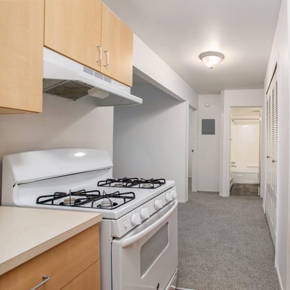 Thumbnail 11 of 17 a kitchen with a stove and a sink at Fairlane Apartments in Michigan 49037
