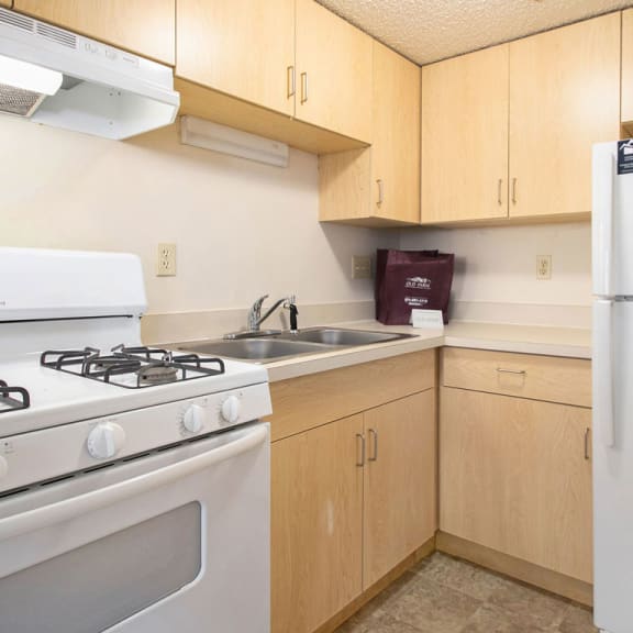 Thumbnail 8 of 12 kitchen with pine cabinets at Old Farm Apartments, Elkhart, 46517
